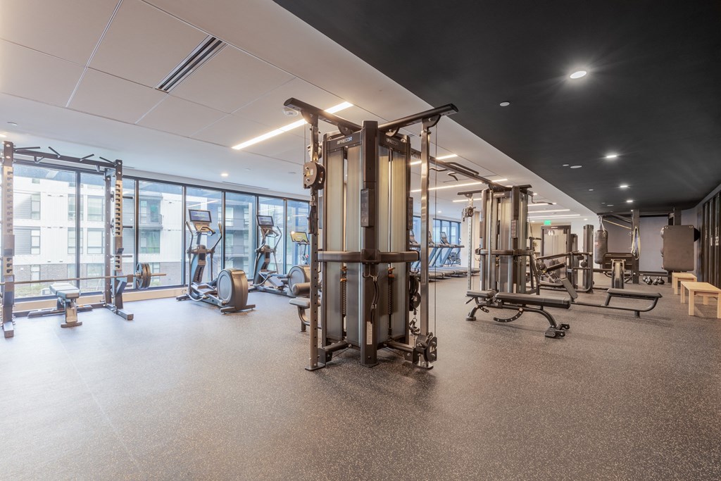 A gym with a variety of equipment including treadmills, weights, and exercise machines.