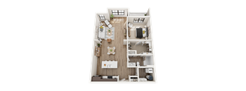 A 3D Floor Plan of The South with a living room, kitchen, and bedroom.