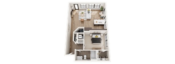 A 3D floor plan of The Station with a kitchen, living room, and bathroom.