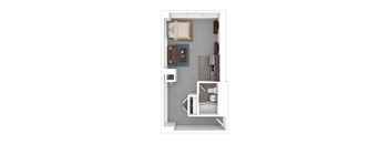 A top down view of a small apartment with a bed, a couch, a chair, a table, and a kitchenette.