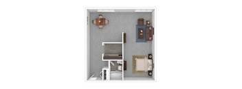A top down view of a small apartment with a dining table, couch, and a bed.