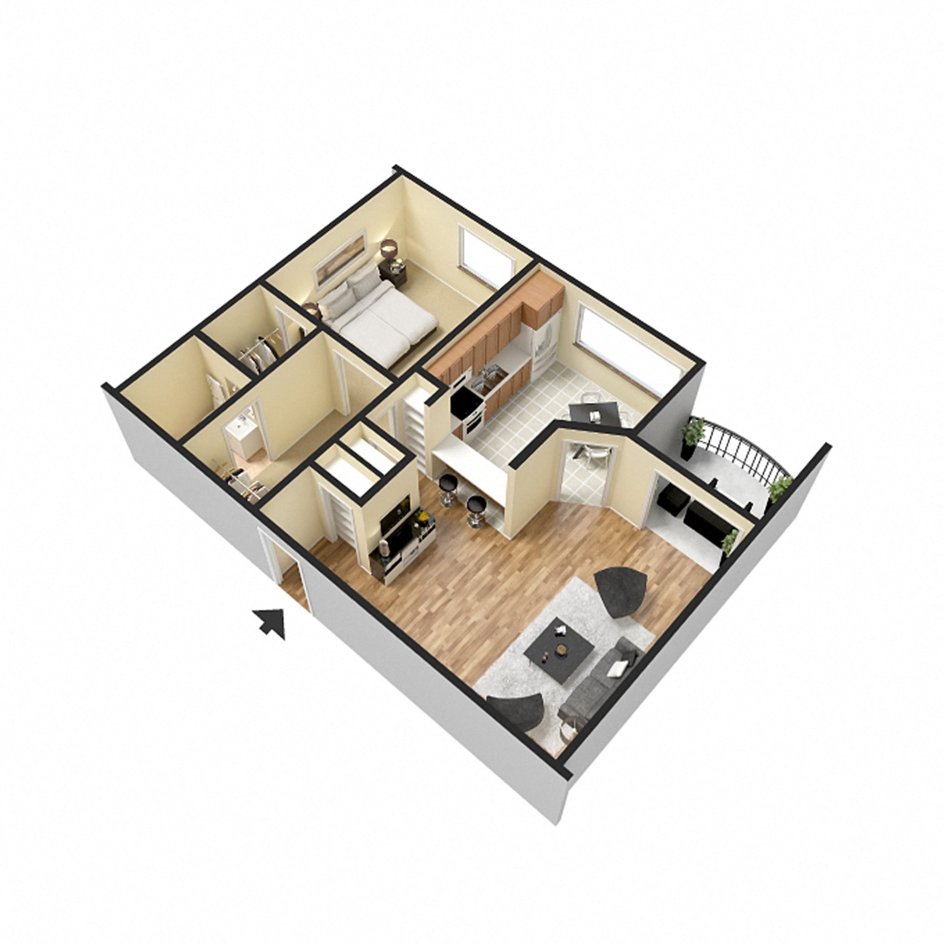 The Summit at Point Loma Apartments in San Diego, California 1 Bedroom 3D Floor Plan
