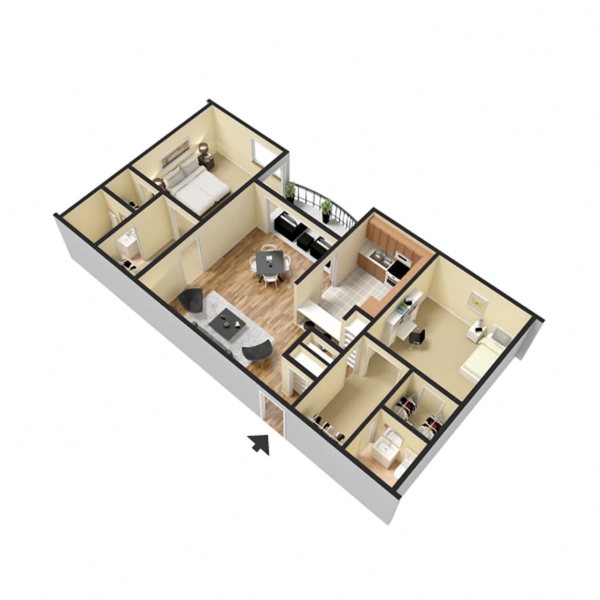 The Summit at Point Loma Apartments in San Diego, California 2 Bedroom 3D Floor Plan