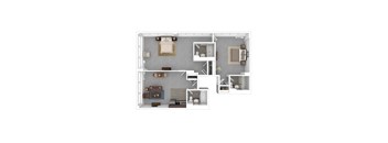 A 3D floor plan of a small apartment with a kitchen, living room, and bedroom.
