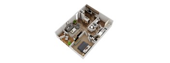 A 3D floor plan of a small apartment with a kitchen, living room, and bedroom.