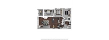 A 3D floor plan of a house with a kitchen, living room, and bedrooms.