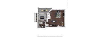 A 3D floor plan of a house with a kitchen, living room, and dining area.
