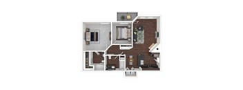 A 3D floor plan of a house with a kitchen, living room, and bedrooms.