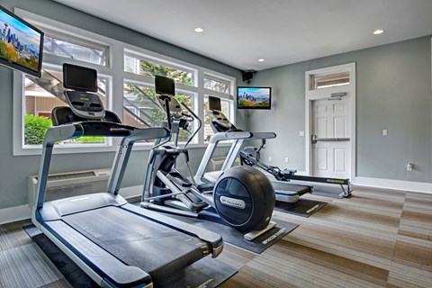 A home gym with treadmills and elliptical machines.