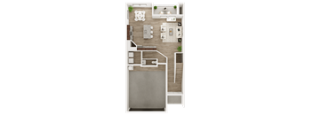 A top-down view of a small apartment layout with a kitchen, living room, and bathroom.