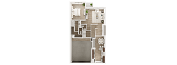 A floor plan of a house with a kitchen, living room, and two bedrooms.