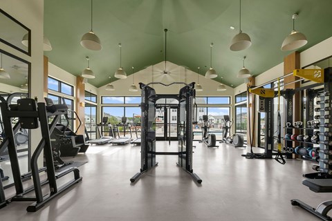A gym with a variety of equipment and a green ceiling.