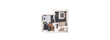 A top down view of a small apartment with a kitchen, living room and bathroom.