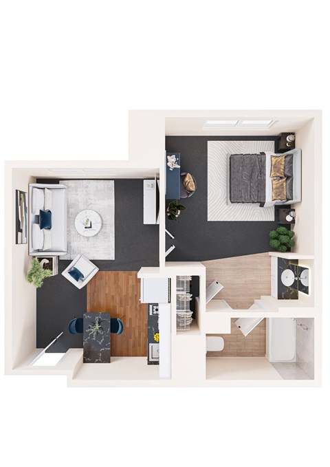 A top down view of a small apartment with a kitchen, living room and bathroom.