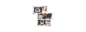 A top down view of a small apartment with a bedroom, living room, and kitchen.