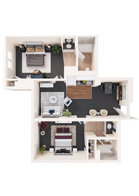 A top down view of a small apartment with a bedroom, living room, and kitchen.