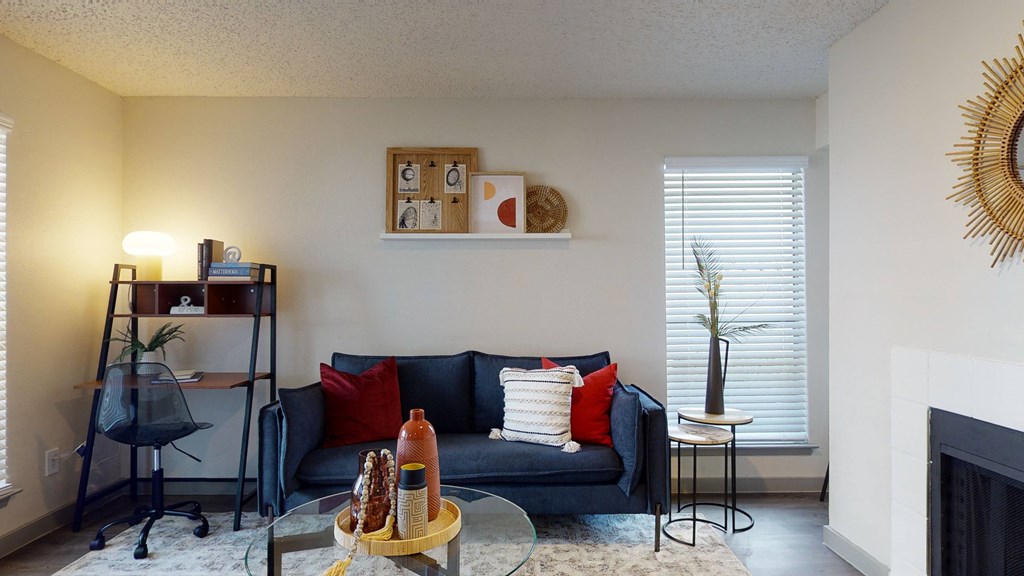 a living room with a couch and a coffee table