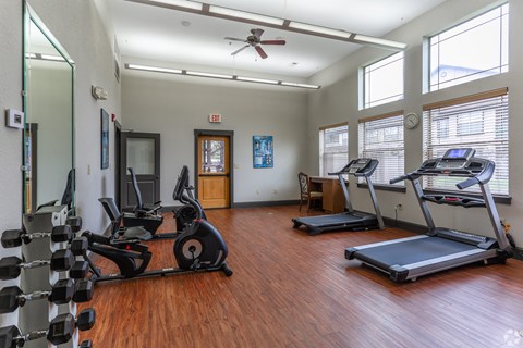 A gym with treadmills, weights, and exercise equipment.