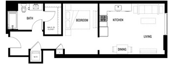 A floor plan of OA1 with a living room, dining room, kitchen, bedroom, bathroom, and a walk-in closet.