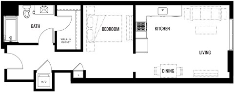 A floor plan of OA1 with a living room, dining room, kitchen, bedroom, bathroom, and a walk-in closet.