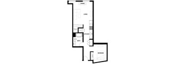 A black and white floor plan of OA2 with a dining room, living room, kitchen, bathroom, and bedroom.