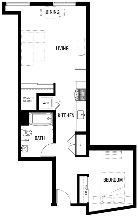 A black and white floor plan of OA2 with a dining room, living room, kitchen, bathroom, and bedroom.
