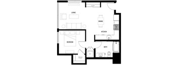 A black and white floor plan of A1 at Ovelo Hollywood with labeled rooms.