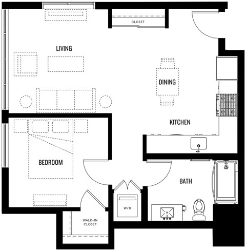A black and white floor plan of A1 at Ovelo Hollywood with labeled rooms.