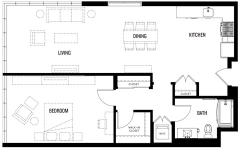 A black and white floor plan of A12 at Ovelo Hollywood with labeled rooms.