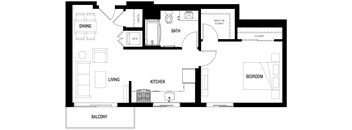A black and white floor plan of A2 at Ovelo Hollywood with a living room, dining room, kitchen, bathroom, bedroom, and balcony.