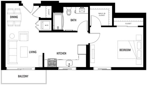 A black and white floor plan of A2 at Ovelo Hollywood with a living room, dining room, kitchen, bathroom, bedroom, and balcony.