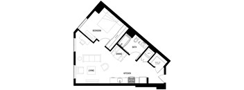 A black and white floor plan of A3 at Ovelo Hollywood with labeled rooms.