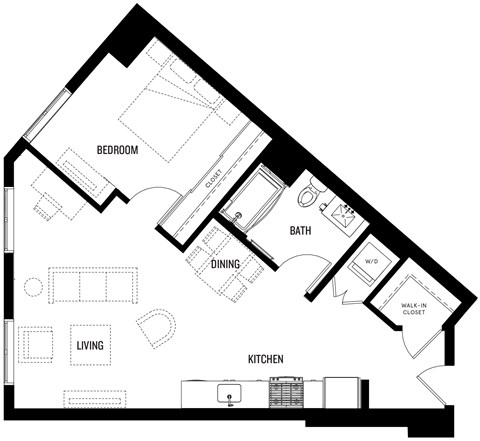 A black and white floor plan of A3 at Ovelo Hollywood with labeled rooms.