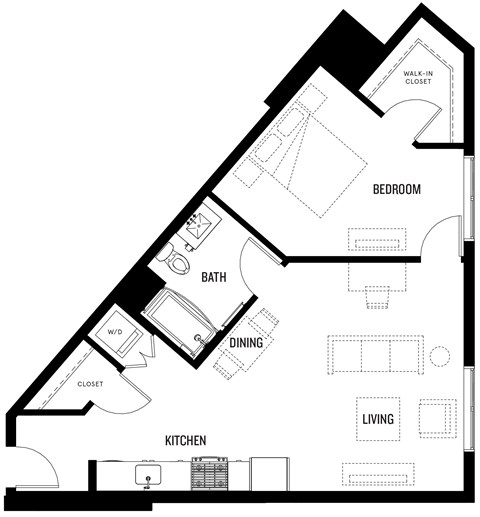 A black and white floor plan of A5 at Ovelo Hollywood with labeled rooms.