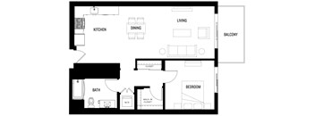 A black and white floor plan of a A7 at Ovelo Hollywood with a kitchen, dining room, living room, bathroom, bedroom, and closet.
