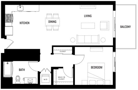 A black and white floor plan of a A7 at Ovelo Hollywood with a kitchen, dining room, living room, bathroom, bedroom, and closet.