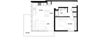 A floor plan of A9 at Ovelo Hollywood with a kitchen, living room, dining room, bathroom, and bedroom.