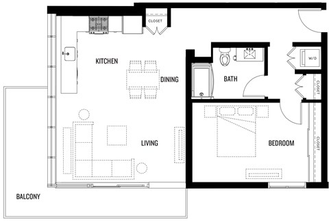A floor plan of A9 at Ovelo Hollywood with a kitchen, living room, dining room, bathroom, and bedroom.