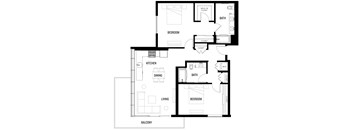 A black and white image of B3 at Ovelo Hollywood floor plan with labeled rooms.