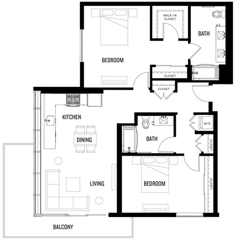A black and white image of B3 at Ovelo Hollywood floor plan with labeled rooms.