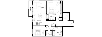 A black and white image of B5-D at Ovelo Hollywood's floor plan with a living room, dining room, kitchen, two bedrooms, two bathrooms, and a den.
