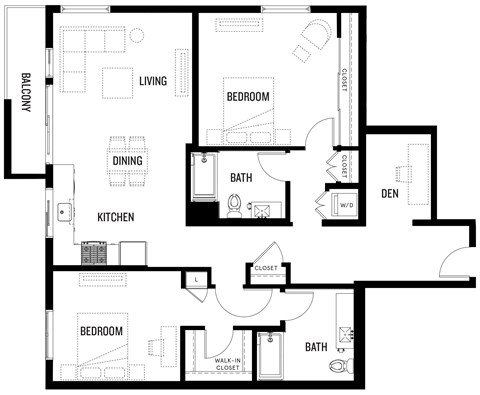 A black and white image of B5-D at Ovelo Hollywood's floor plan with a living room, dining room, kitchen, two bedrooms, two bathrooms, and a den.