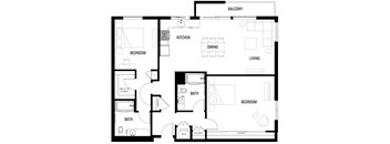 A black and white image of B5 at Ovelo Hollywood's floor plan with a balcony, kitchen, dining, living, and bedroom areas.