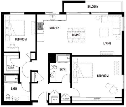 A black and white image of B5 at Ovelo Hollywood's floor plan with a balcony, kitchen, dining, living, and bedroom areas.