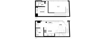 A floor plan of LW-A at Ovelo Hollywood with a bedroom, bathroom, dining area, living space, and kitchen on the first level, and an open area below.