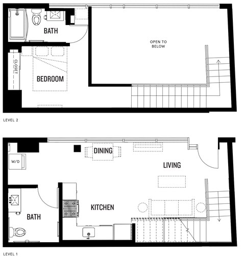 A floor plan of LW-A at Ovelo Hollywood with a bedroom, bathroom, dining area, living space, and kitchen on the first level, and an open area below.