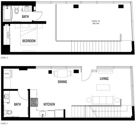 A black and white floor plan of LW-D at Ovelo Hollywood with labeled rooms.
