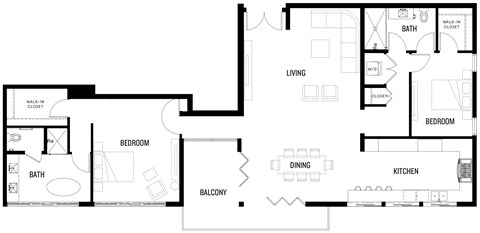 A black and white image of PH1 at Ovelo Hollywood's floor plan.
