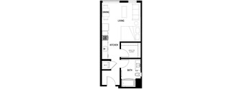 A floor plan of S1 at Ovelo Hollywood with labeled rooms such as kitchen, living room, and bathroom.