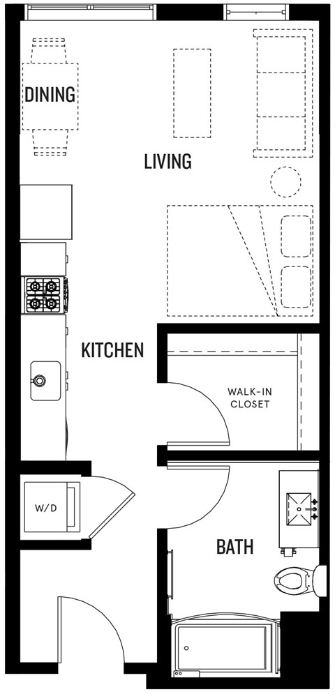 A floor plan of S1 at Ovelo Hollywood with labeled rooms such as kitchen, living room, and bathroom.
